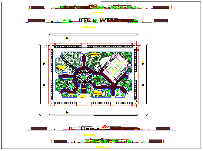 All sided elevation and landscaping details of public garden dwg file ...