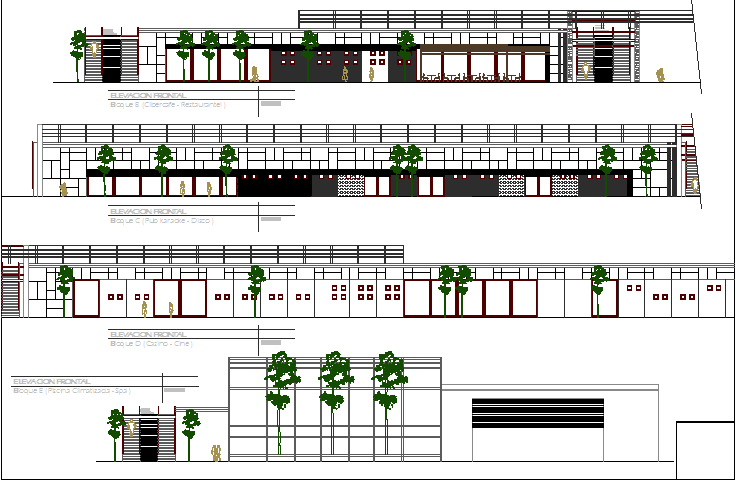 All Sided Elevation And Sectional Details Of Shopping Center With Stores Dwg File Cadbull