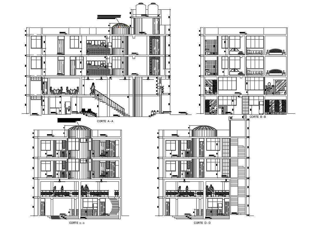 All sided sectional details of residential apartment building dwg file ...