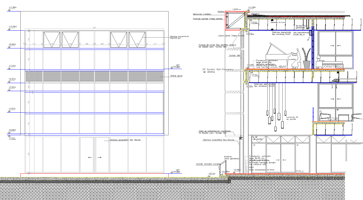 Aluminum curtain building panel detail in autocad dwg