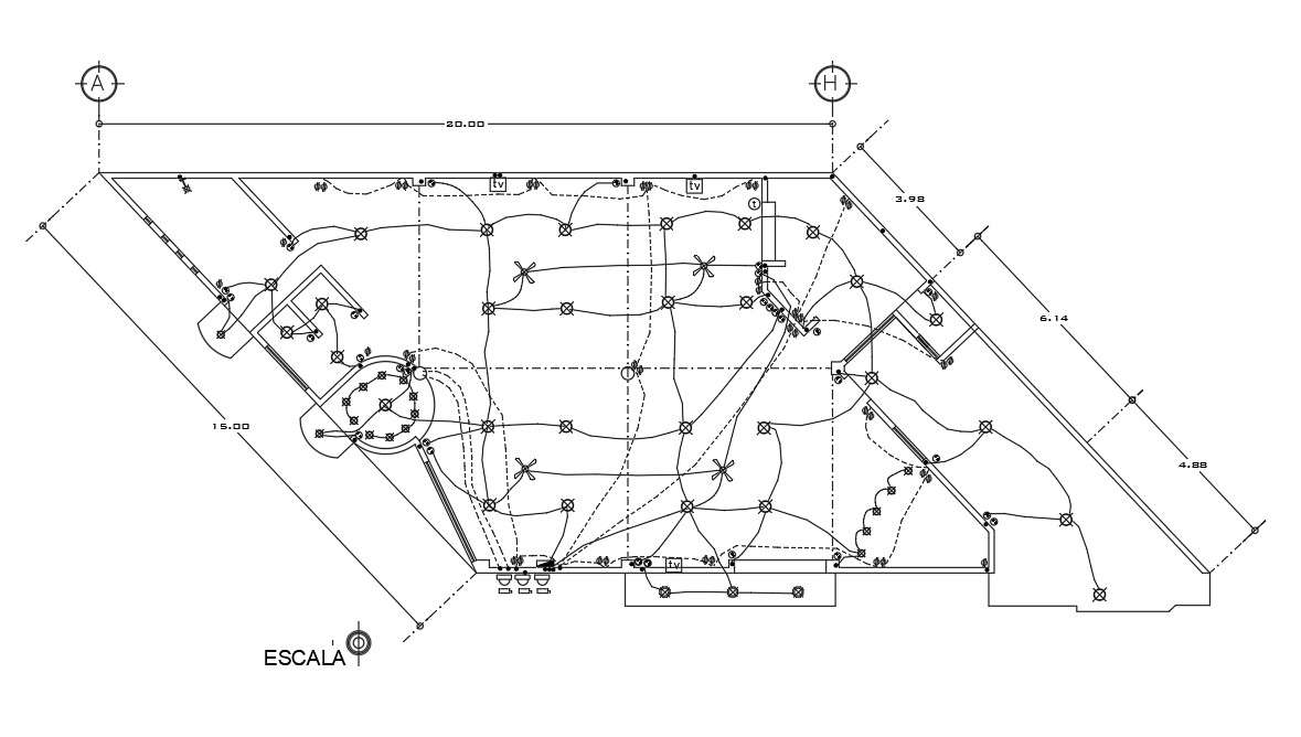 An electrical layout of 20x15m guest house plan is given in this ...