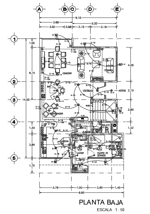 An electrical layout of 9x14m ground floor house plan is given in this ...