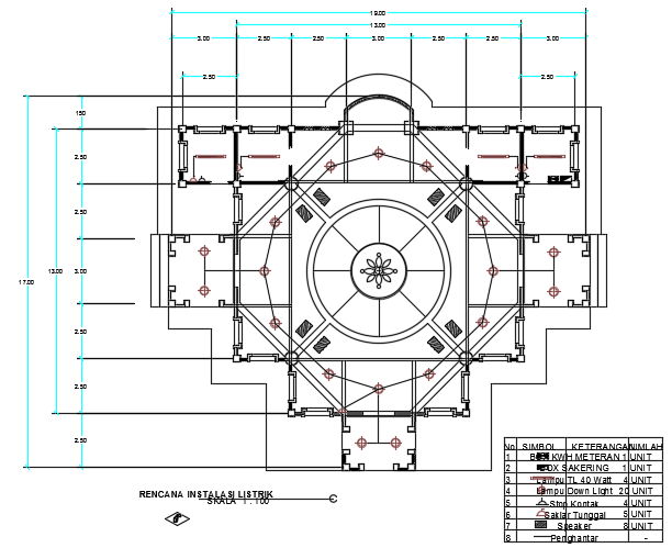 An electrical layout of the 19x17m mosque plan 2D AutoCAD drawing - Cadbull