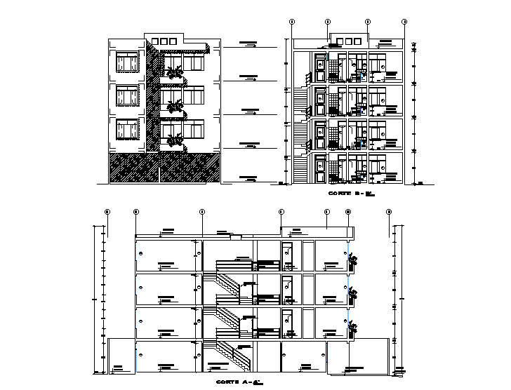 An elevation and section view of 10x25m house plan is given in this ...