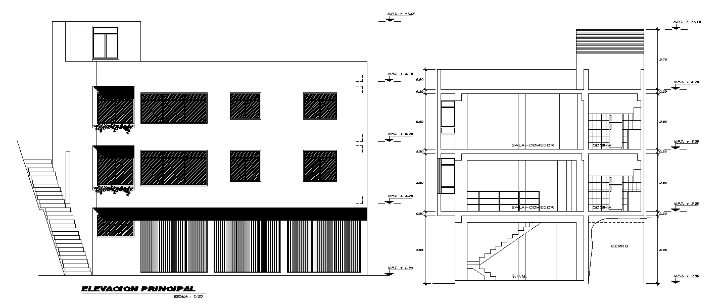 An elevation and section view of 13x10m house building is given in this ...