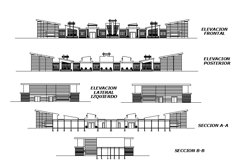 An elevation of college hostel building is given in this Autocad