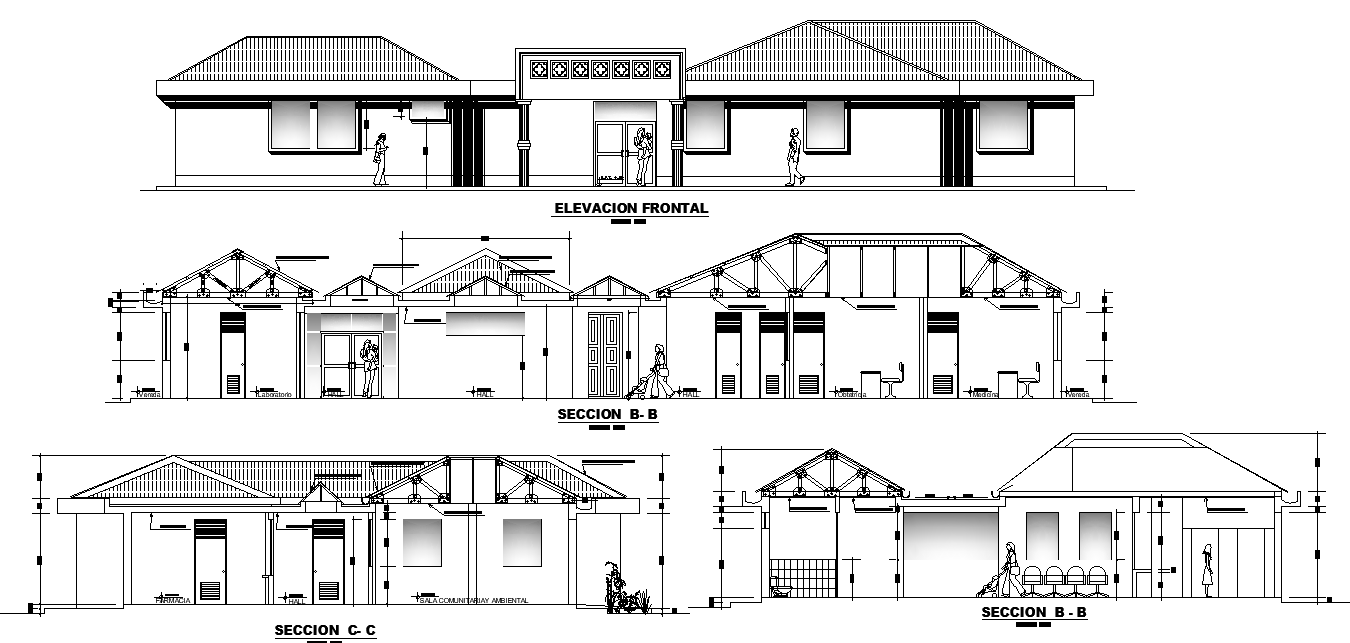 An elevation view of 28x17m hospital building details is given in this ...