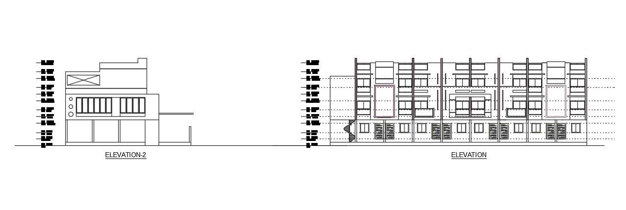 An elevation view of 98’x40’ row house villa building is given in this ...