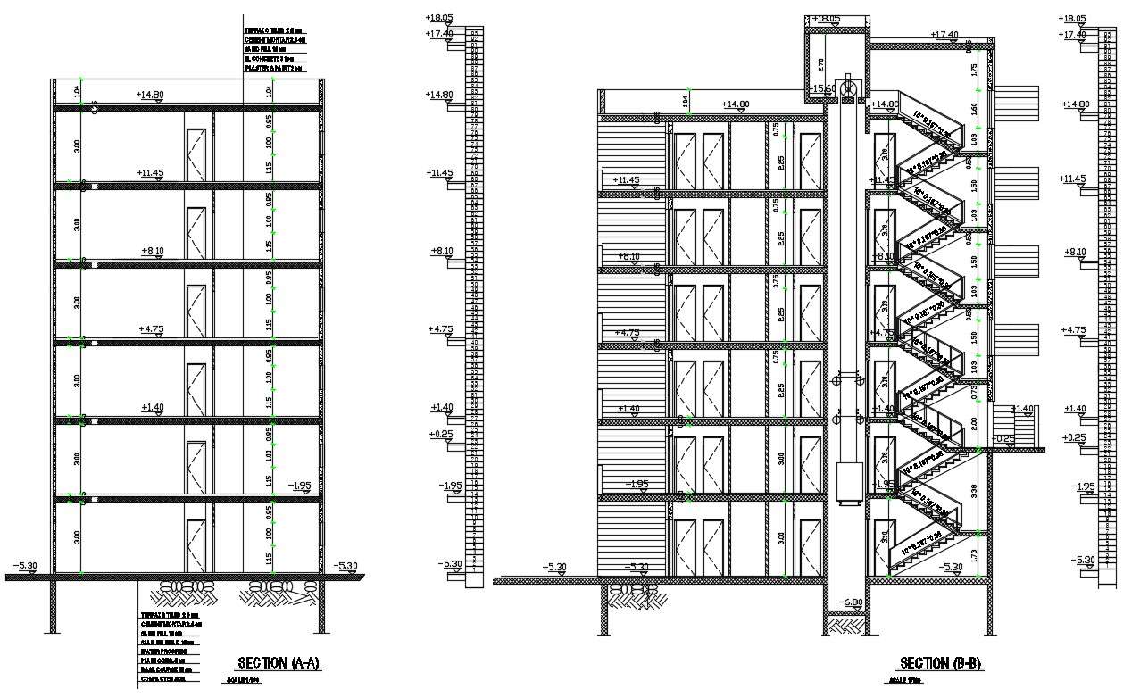 Apartment Building Section Drawing With Dimension In CAD