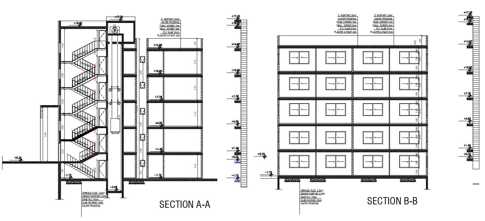 Apartment Building Section drawing With Lift Elevator Design - Cadbull