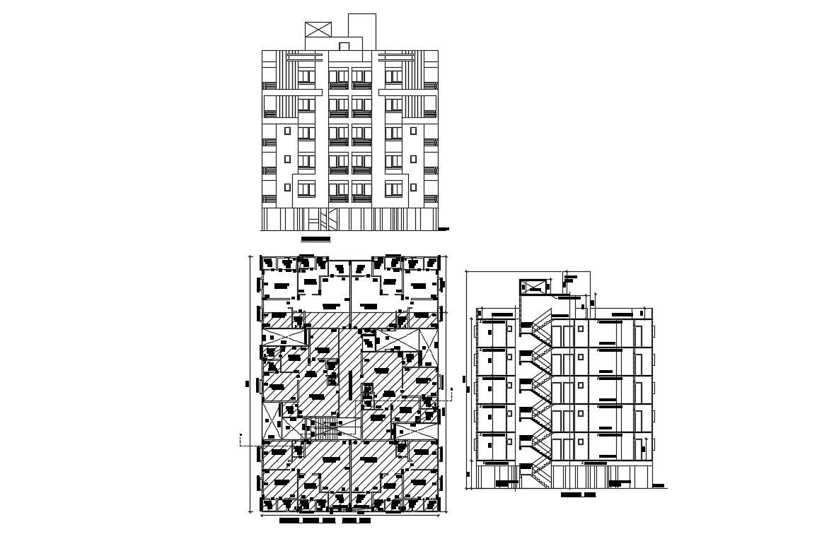 Apartment Plan Elevation and Section AutoCAD Drawing - Cadbull