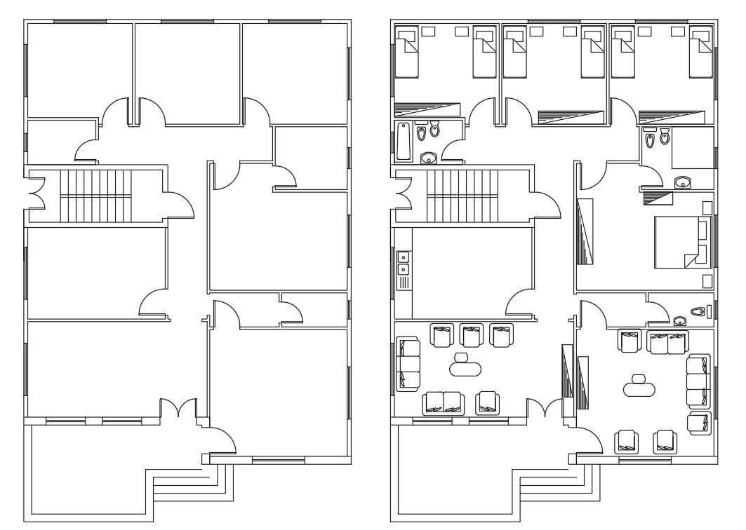 Architectural Plan Of Hostel Building Design With Furniture - Cadbull