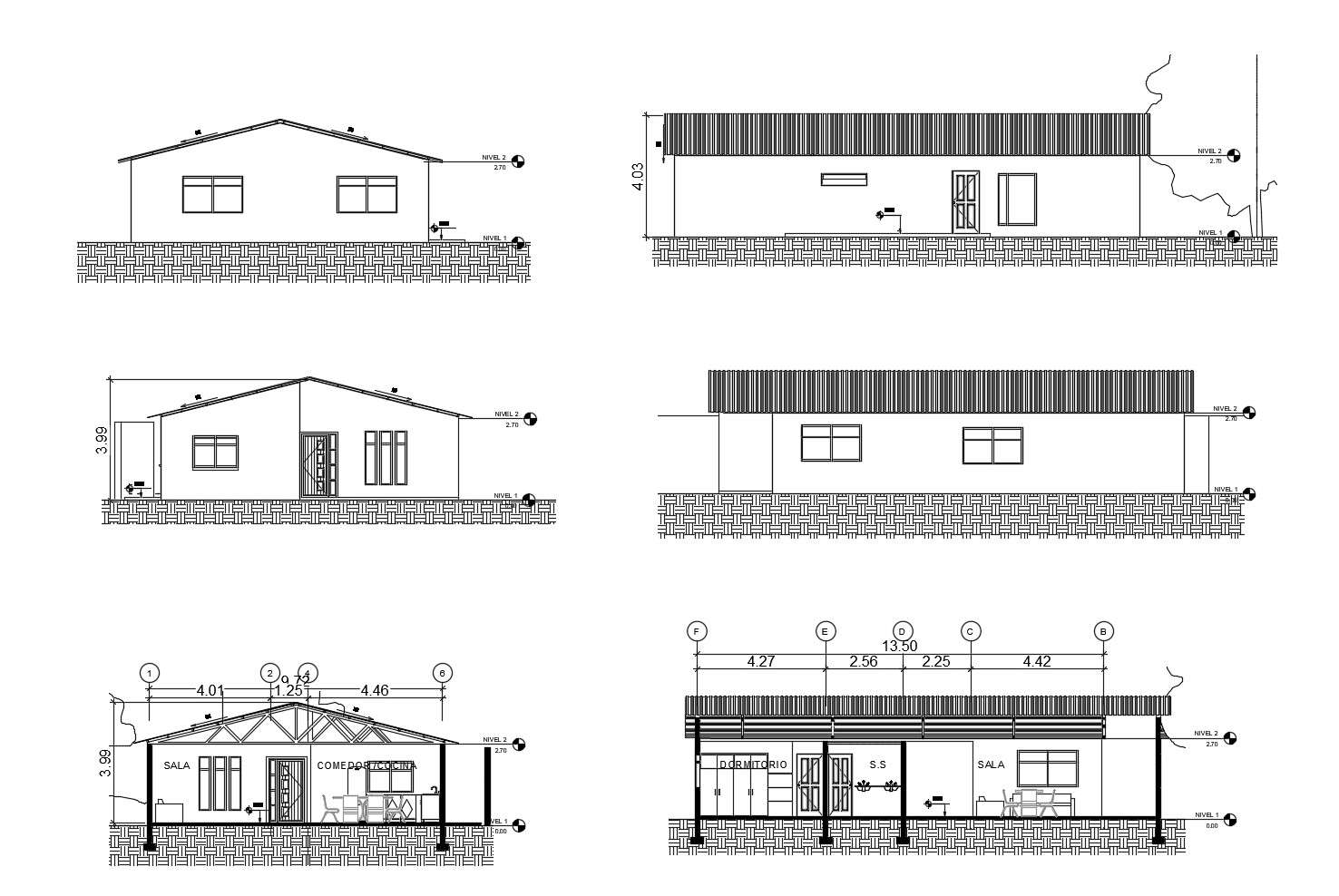 Architectural plan of the house with elevation and section