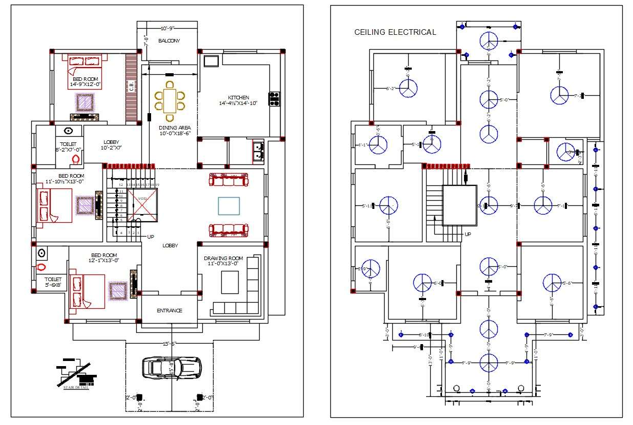 Architecture 3 BHK Bungalow Ground Floor Plan With Electrical Layout