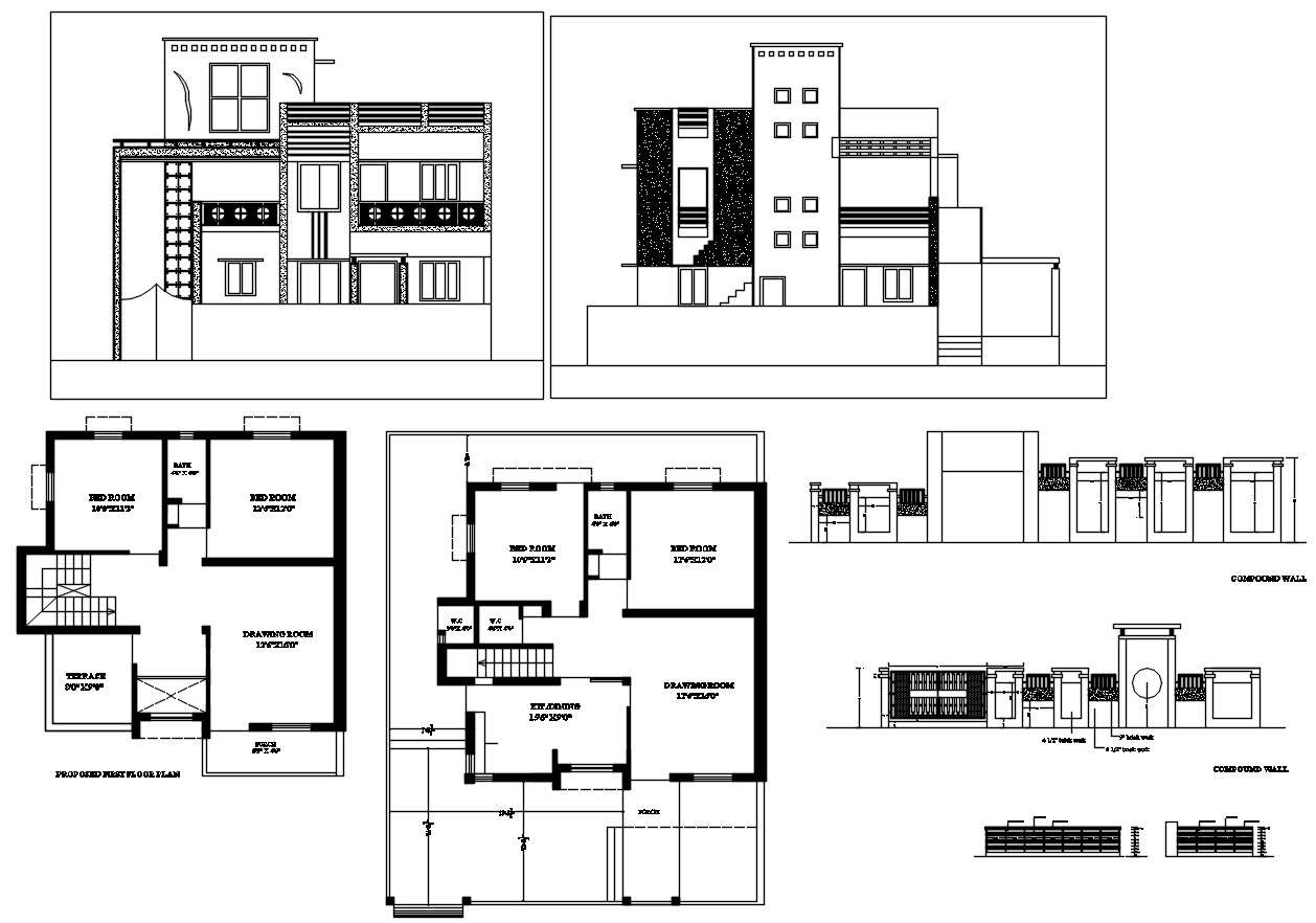 Architecture Bungalow Layout Plan With Elevation Design Dwg File Cadbull 