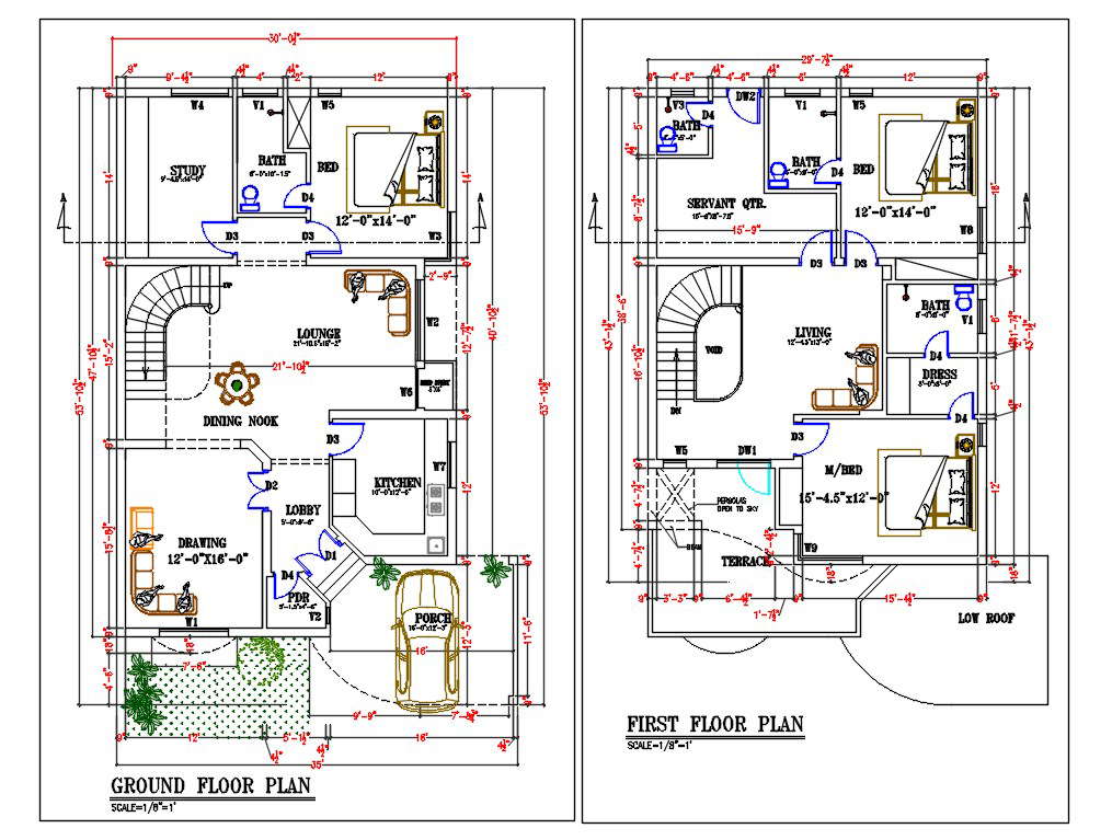 Architecture Porch Bungalow Ground Floor And First Floor Layout Plan Dwg File Cadbull