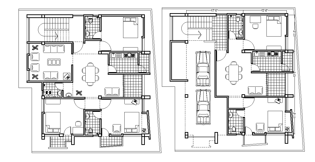 Architecture Residence House Ground Floor And First Floor Plan Drawing Dwg File Cadbull