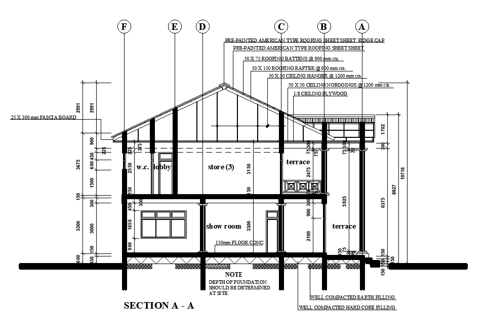 A section A to A view of 21x15m show room plan is given in this Autocad ...