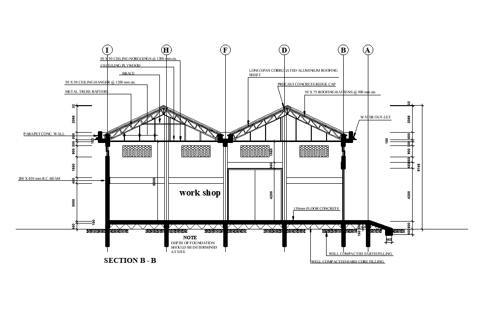 A section B to B view of 14x19m work shop plan is given in this Autocad ...