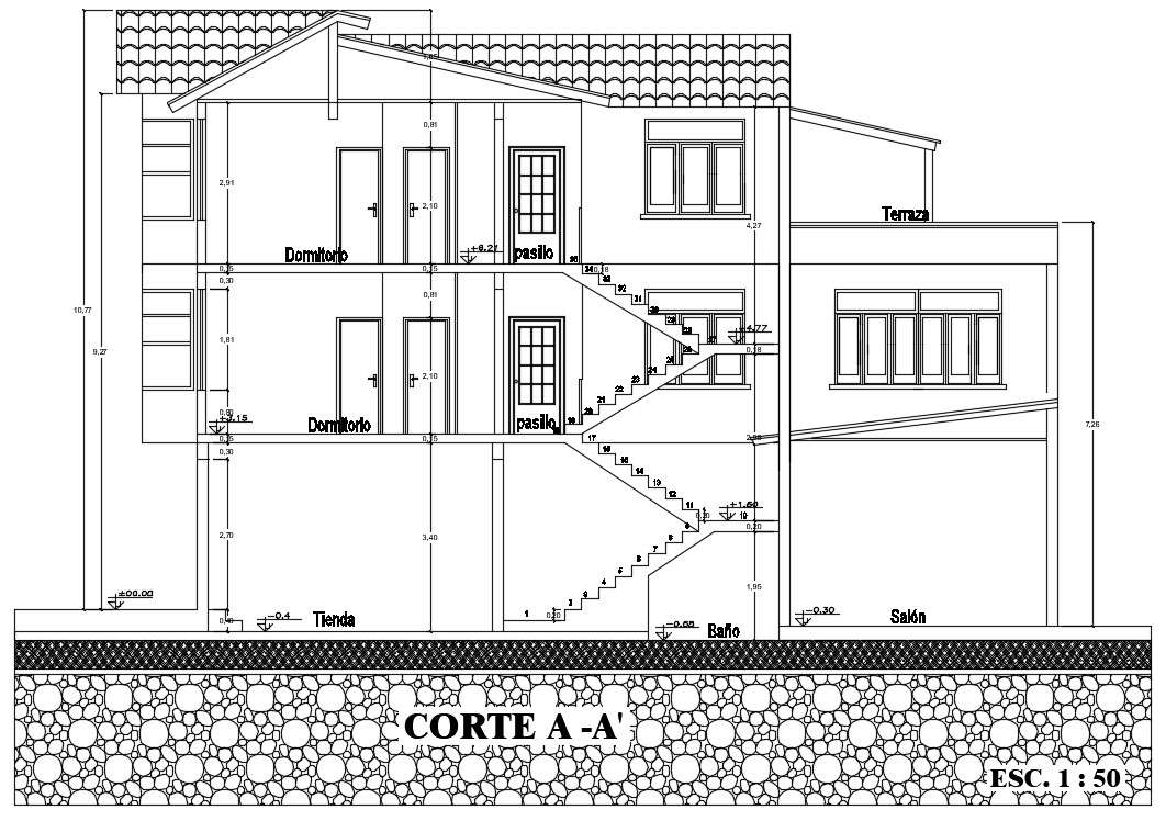 A Section View Of 12x15m House Plan Has Been Given In This Autocad Drawing File Download Now