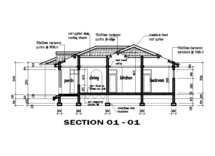 A section view of 14x16m house plan is given in this Autocad drawing ...