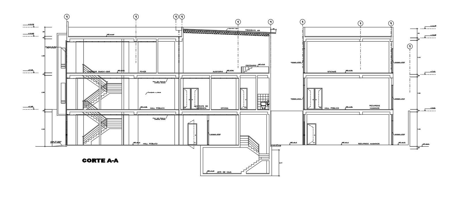 A Section View Of 17x35m Bank Building Is Given In This Autocad Drawing 