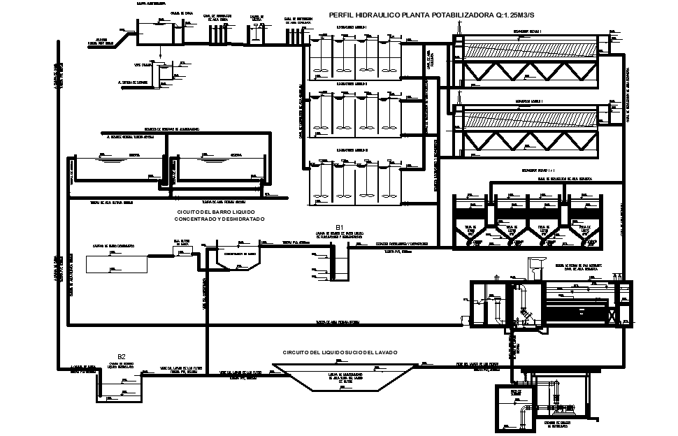 A section view of 190x109m water treatment plant is given in this