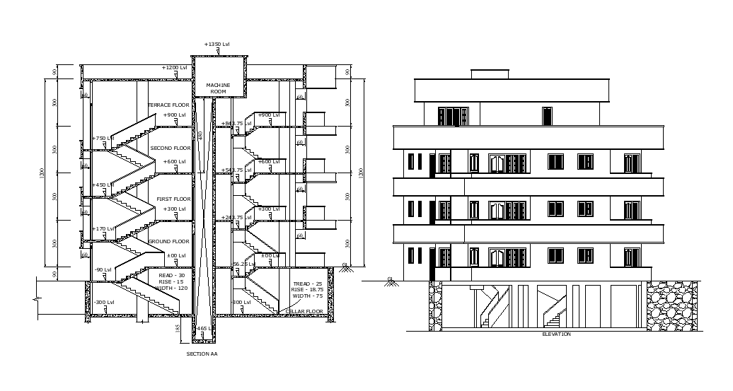 A section view of 22x14m twin house plan is given in this Autocad ...