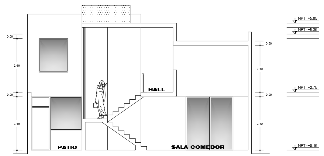 A section view of the 10x14m two story house building AutoCAD drawing ...