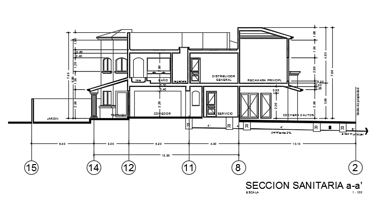 A section view of the 14X18m architecture house building cad drawing is ...