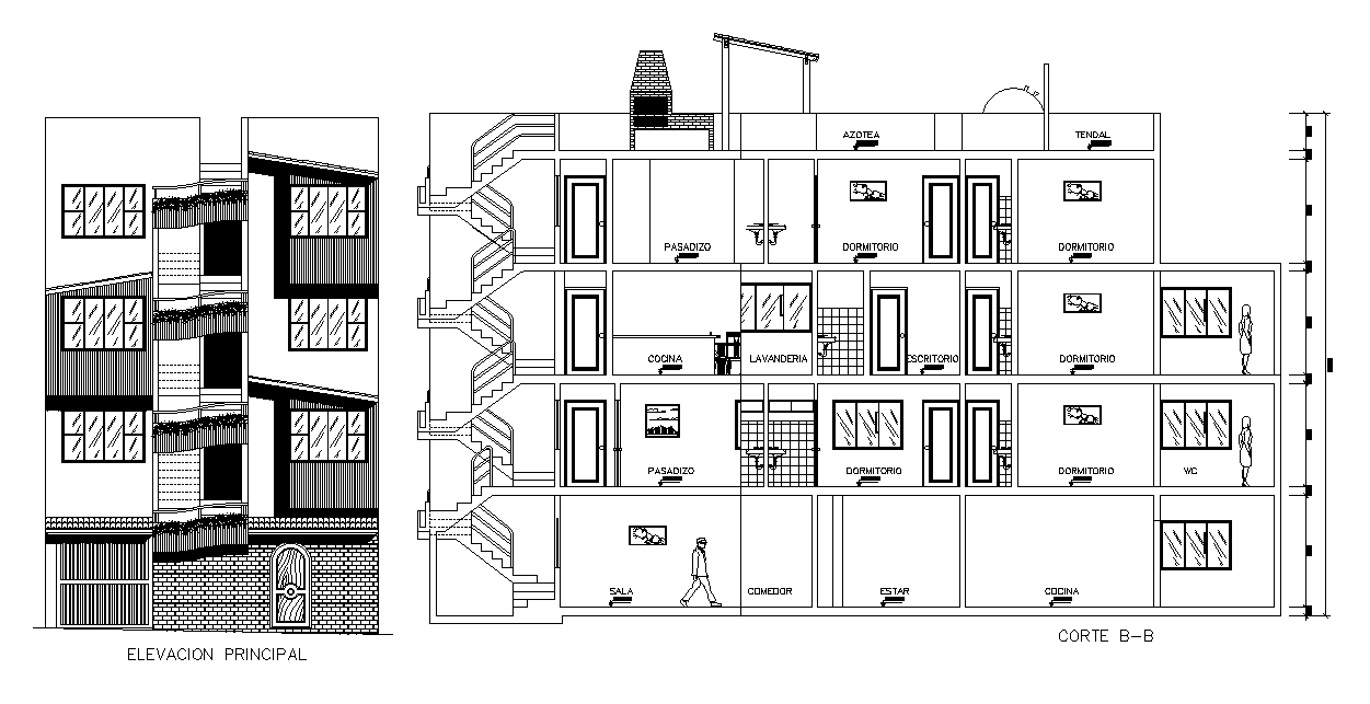 A section view of the G+3 house building is given in this Autocad ...