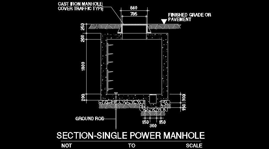 A section view of the Single power manhole AutoCAD drawing - Cadbull