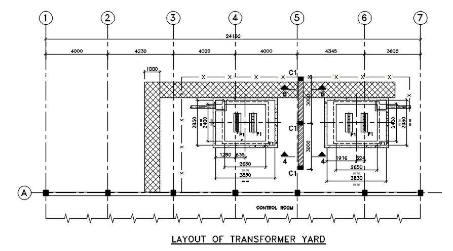 A transformer layout and foundation detail of control room details has