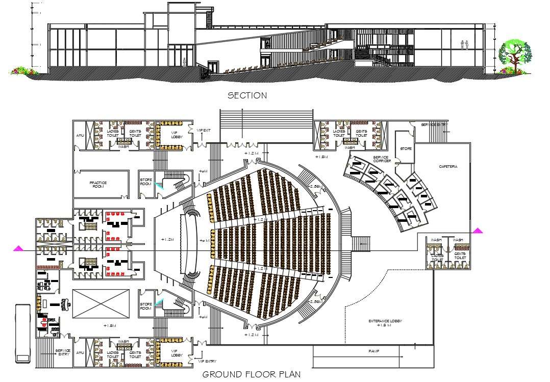Auditorium Design Plan And Section CAD Drawing Cadbull | designinte.com