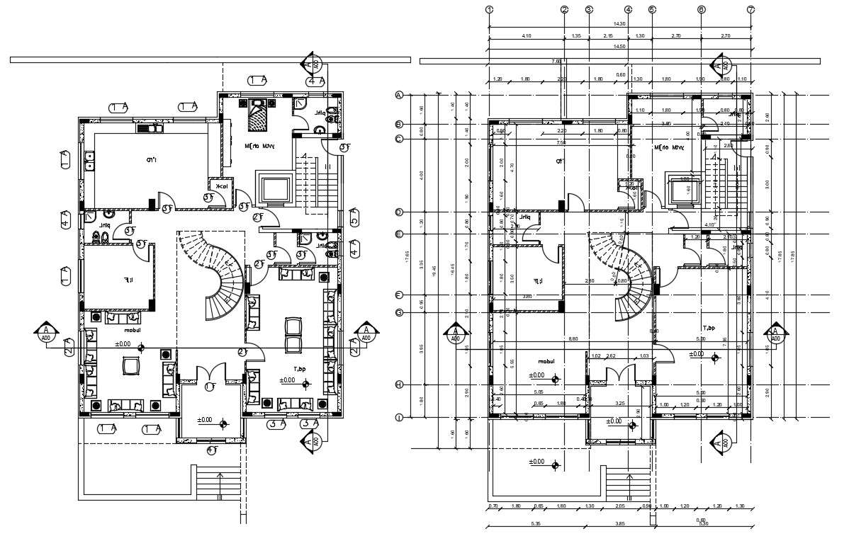 Autocad Bungalow Furniture Layout Plan With Centre Line Cad Drawing