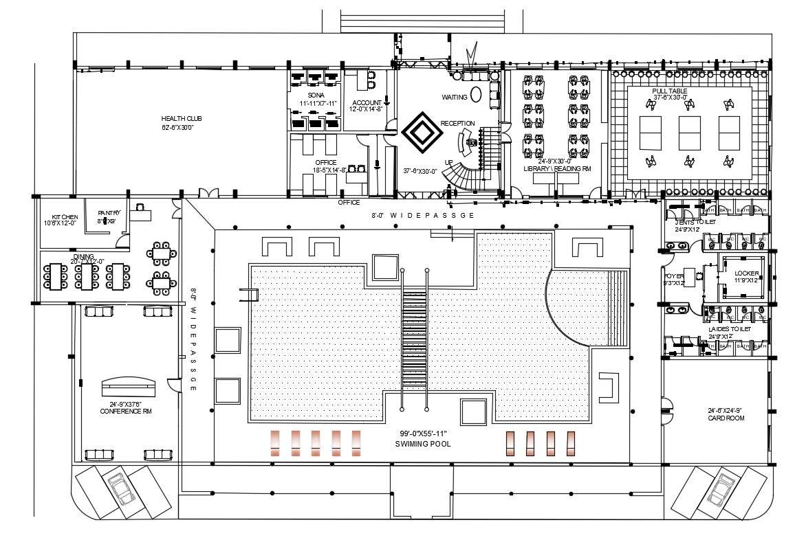Autocad Design Plan Of Club With Furniture Layout Cad File Cadbull | My ...