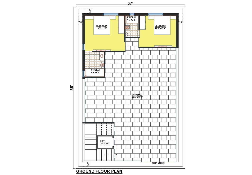 Autocad Drawing Of 55 X 37 House Bungalow Ground Floor Plan Cadbull