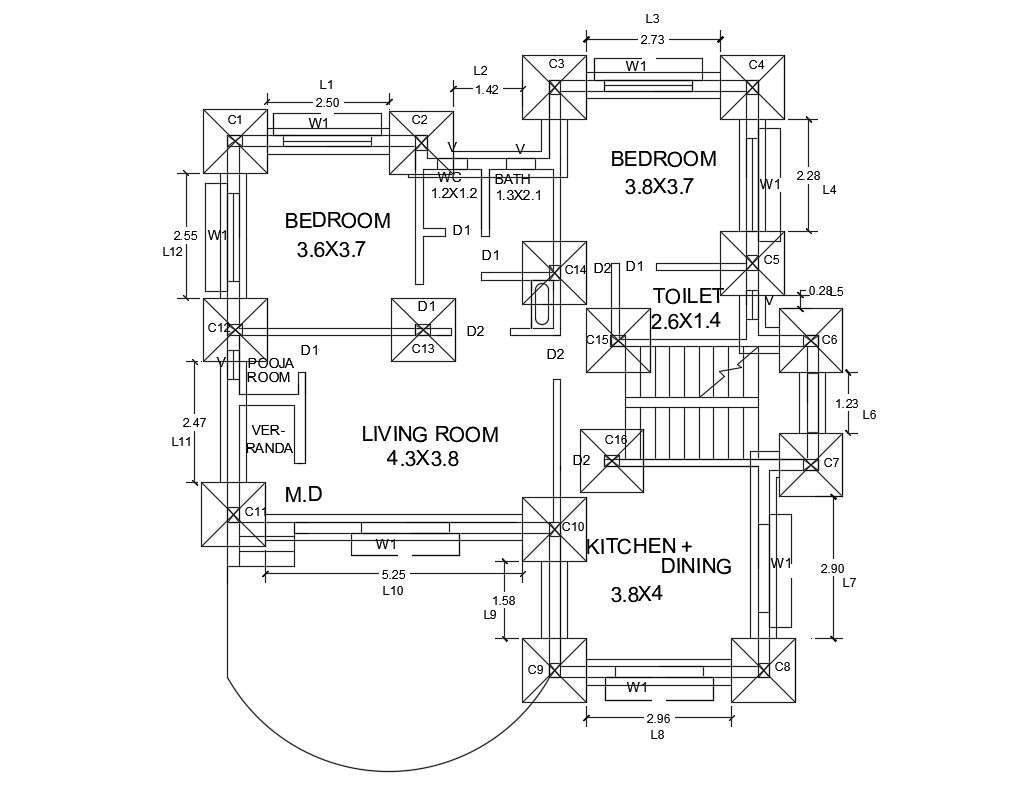 Autocad Two Bhk Bungalow Plan With Column Foundation 2d Cad Drawing Cadbull 0614