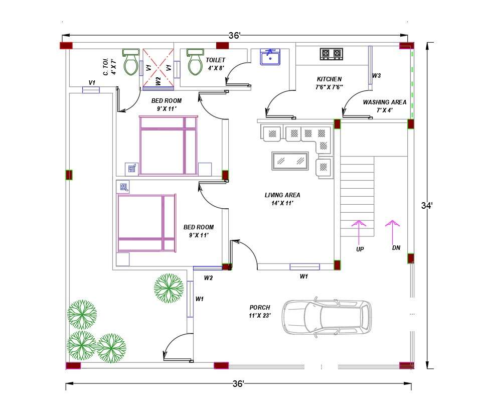 AutoCAD 2 BHK House Plan Drawing Download DWG File - Cadbull