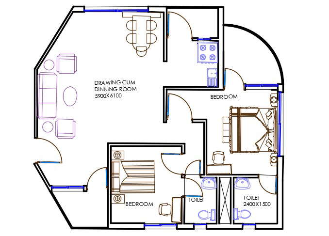 Autocad 2 Bhk House Plan Drawing With Furniture Layout Dwg File Cadbull