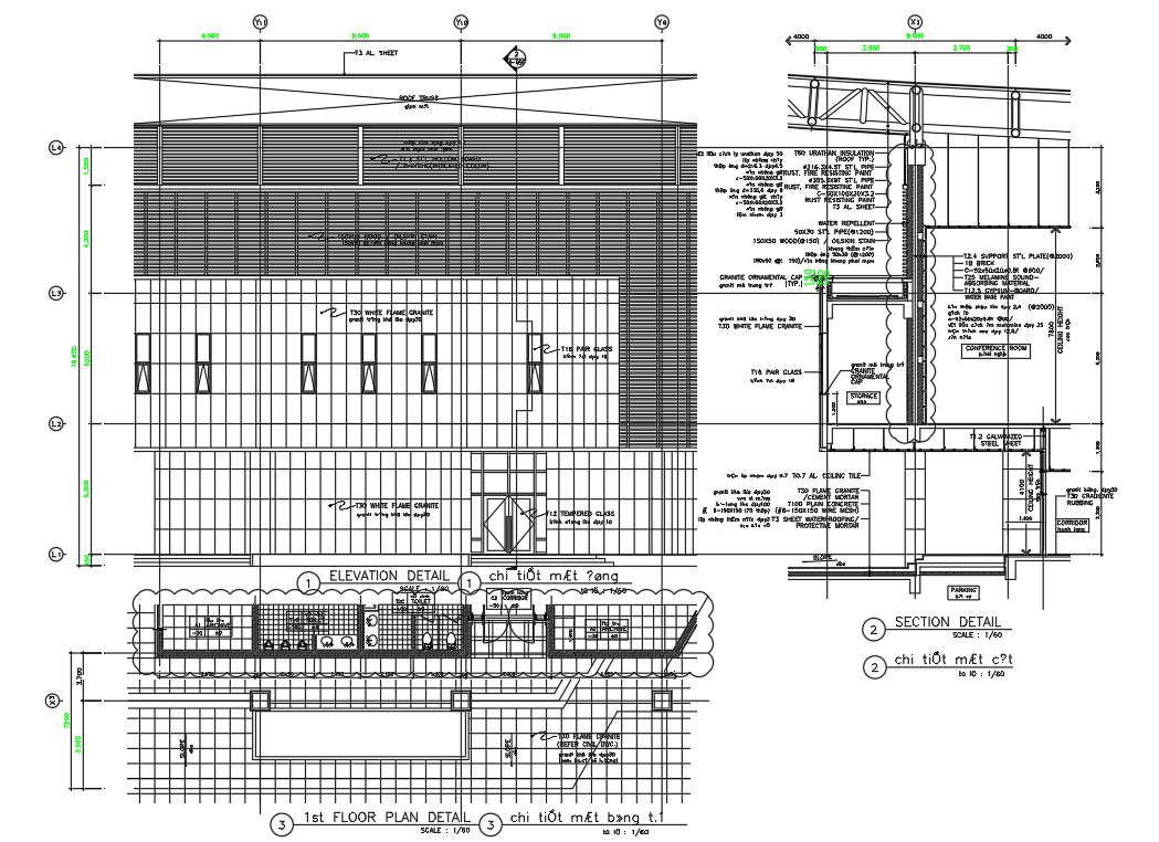 Auto CAD 2D DWG File Showing The1st Floor Plan Section And Elevation