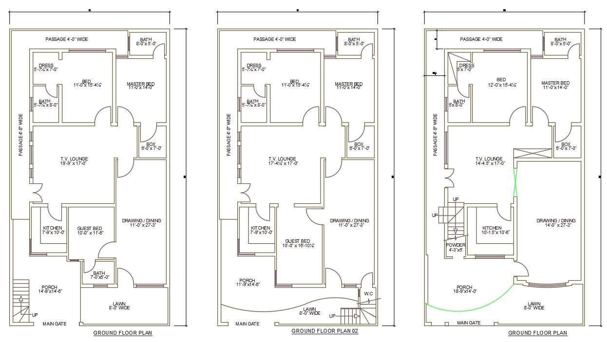  AutoCAD  2D  Drawing  file shows3 types of 35 X65 two BHK 