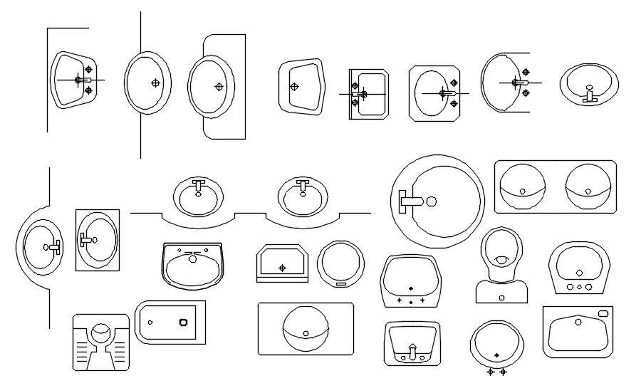 AutoCAD 2D drawing of different designs of washbasin CAD blocks, CAD ...