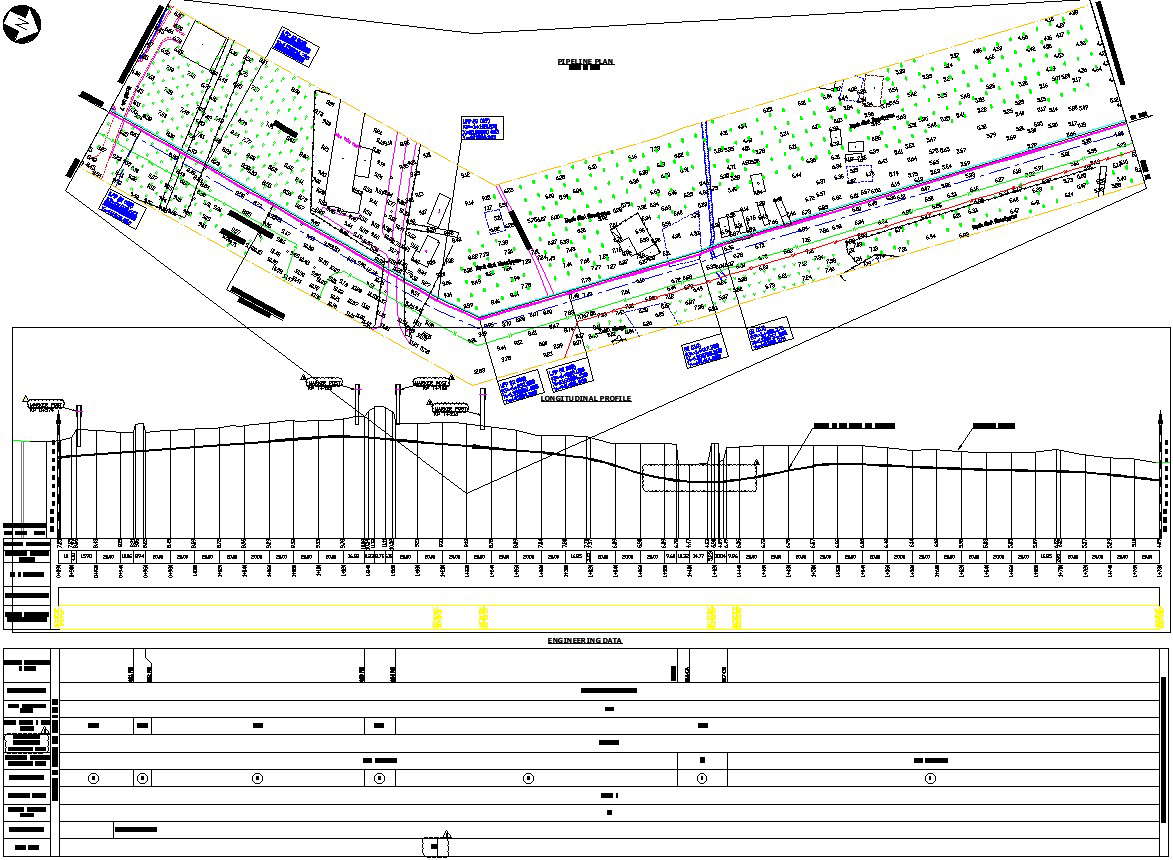 AutoCAD 2D drawing of pipeline plan with detailing Cadbull