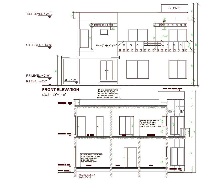 AutoCAD 2d CAD drawing of architecture double story house building 