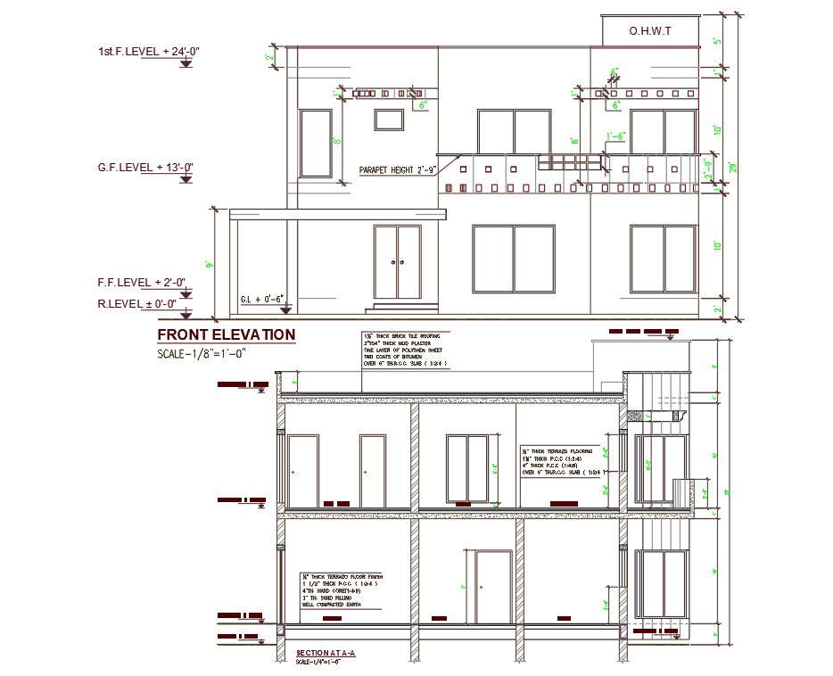 autocad-2d-cad-drawing-of-architecture-double-story-house-building-section-and-elevation-design