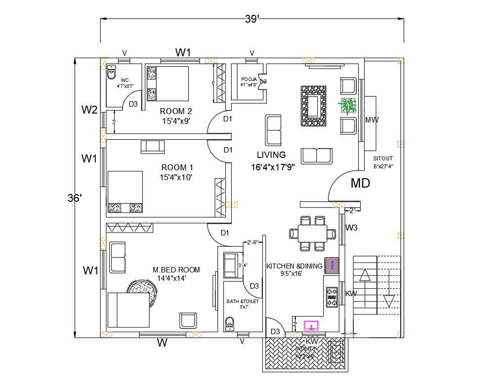 Autocad 3 Bhk House Plan Drawing Download Dwg File Cadbull 6553