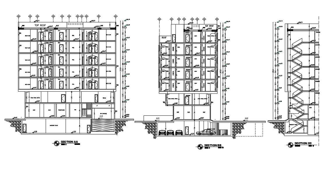 AutoCAD DWG 2D drawing of the G+7 Hotel building section details ...