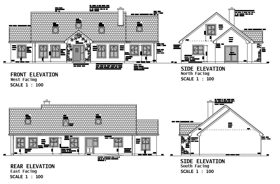 AutoCAD DWG describing the four side elevation of the villa type Modern ...