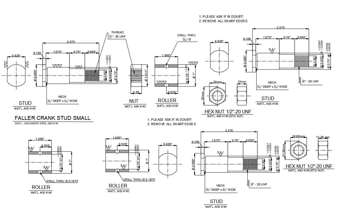 AutoCAD DWG detailed section drawing of the Faller crank with roller